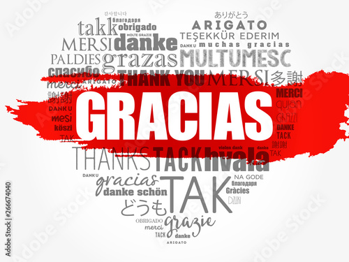 Gracias (Thank You in Spanish) love heart Word Cloud in different languages of the world