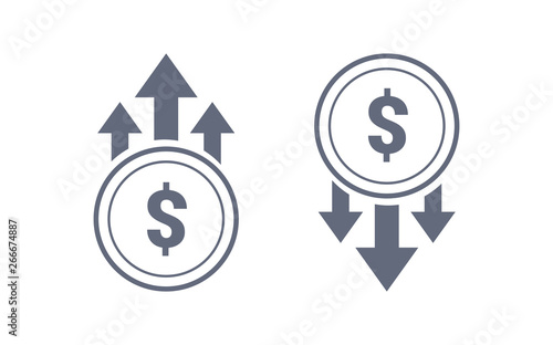 Colorful dollar up and down sign icon. Vector graphic illustration template. Isolated on white background.