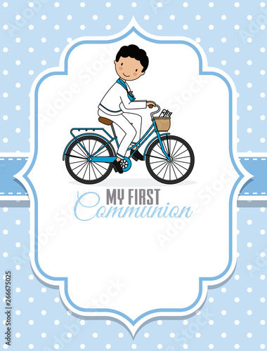 Card my first communion. Boy on a bicycle. Space for text