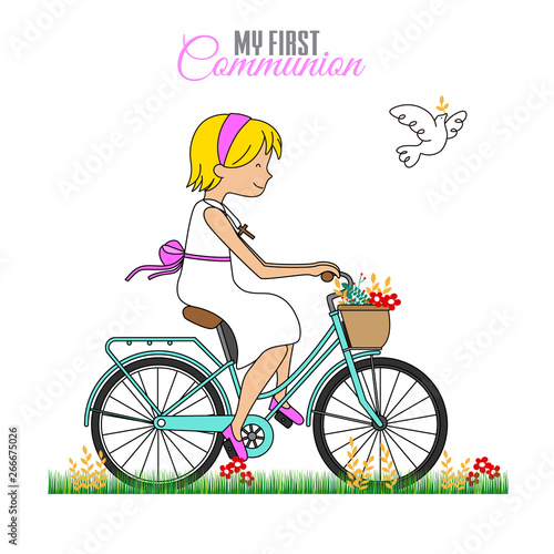 Card my first communion. Little girl on a bicycle