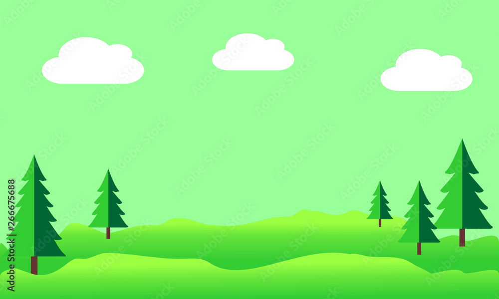 Summer landscape with hills and pine trees. Eco-friendly concept ideas. Concept for fresh air. Vector graphic illustration.