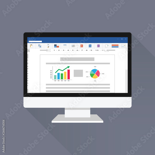 Official word software computer screen with financial accounting data. document database analytical business report with chart and pie graph. audit investigation document. flat vector illustration