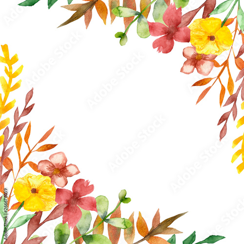 Autumn pattern of burgundy and yellow flowers  leaves and branches. Hand-painted watercolor frame from a large set of useful orange  burgundy and yellow flowers  branches and leaves.
