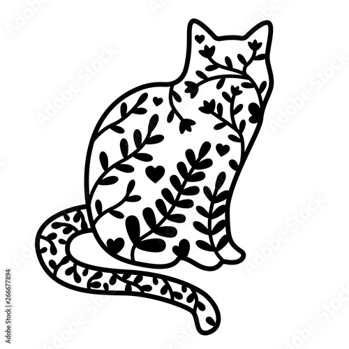 Vector silhouette of cat. Floral fantasy ornament. Scissor cut template. Isolated on white background.