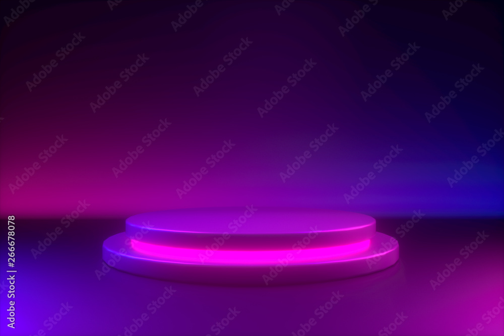 Cylinder podium with blue pink neon light, minimalistic primitive shapes, modern mock up, empty showcase, shop display. 3d rendering. Cylinder podium with blue pink neon light, minimalistic primitive shapes, modern mock up, empty showcase, shop display. 3d rendering.