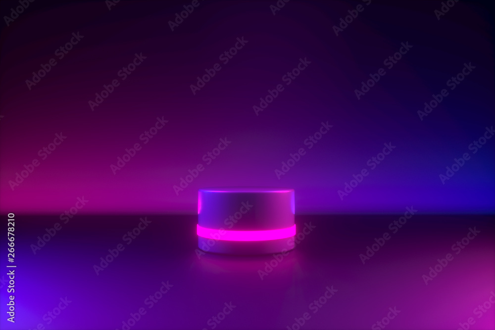 Blue pink neon light, empty postament, 80's retro style, fashion show stage, abstract background. Ultraviolet light. 3d rendering Blue pink neon light, empty postament, 80's retro style, fashion show stage, abstract background. Ultraviolet light. 3d rendering