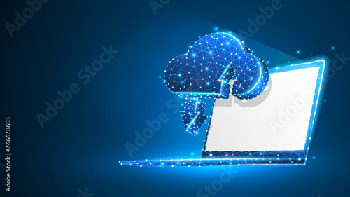 Cloud Storage on white laptop screen. Access, business data, internet server concept. Abstract, digital, wireframe, low poly mesh, polygonal vector blue neon 3d illustration. Triangle, line, dot, star