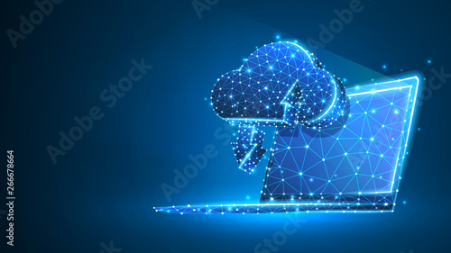 Cloud Storage on laptop screen. Access, business data, internet server concept. Abstract, digital, wireframe, low poly mesh, polygonal vector blue neon 3d illustration. Triangle, line, dot, star