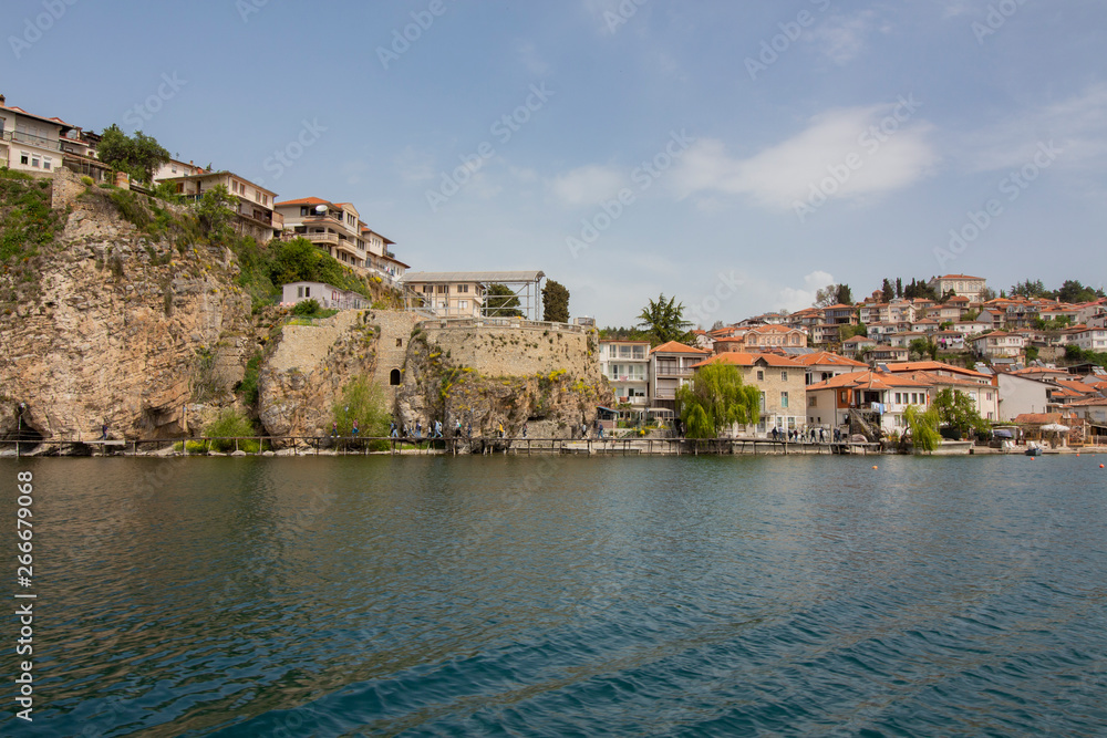 Look at the ancient picturesque town of Ohrid from the lake of the same name.