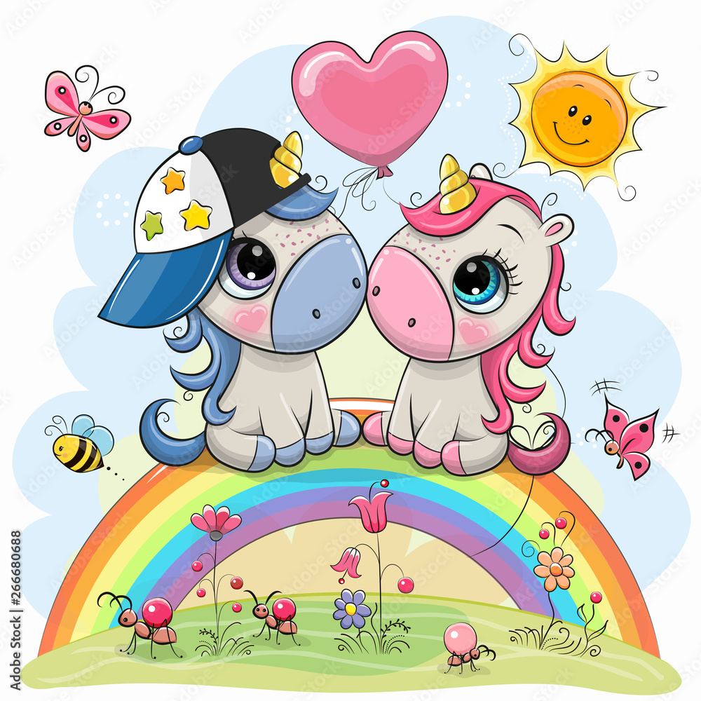 Cartoon Unicorns are sitting on the rainbow