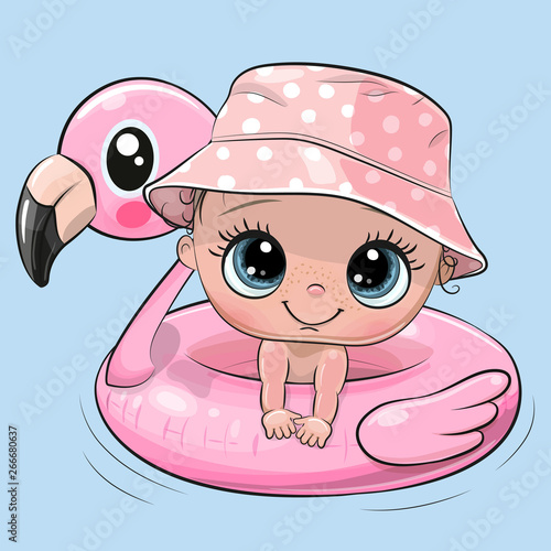Cartoon baby girl swimming on pool ring inflatable flamingo