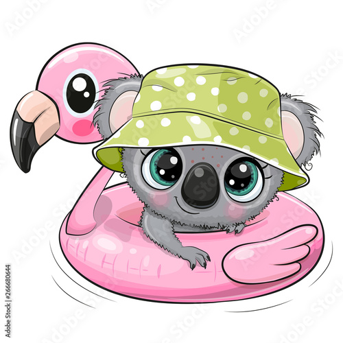 Cartoon baby Koala swimming on pool ring inflatable flamingo