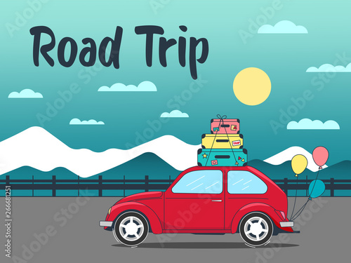 Road trip by car with a luggage bags on the roof. Vacation road trip with air baloons. Flat style vector illustration isolated on white background.