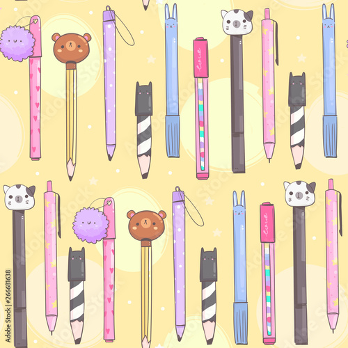 Various pens, pencils ond other writing office tools. Hand drawn kawaii vector seamless pattern. Cute colored trendy illustration for kids and adults. Flat design. Yellow background