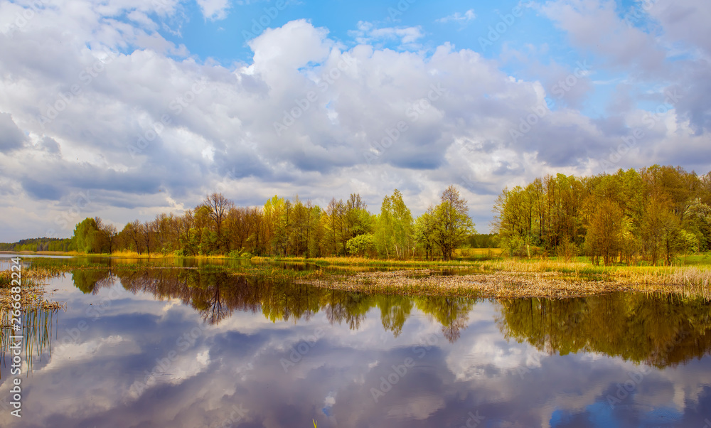 Calm lake surrounded by spring forest. Reflection of thunder clouds in the water.