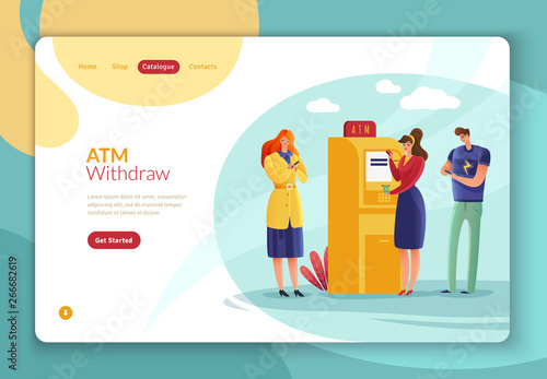 ATM payments people landing page. Landig page template with a queue at the ATM from cartoon people making payments and withdrawing money