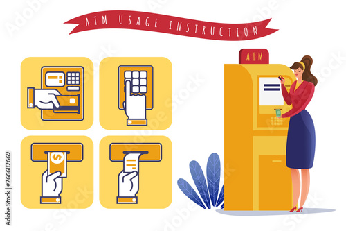 ATM payments usage instruction. Horizontal illustration on the theme ATM withdrawal stepwise instruction