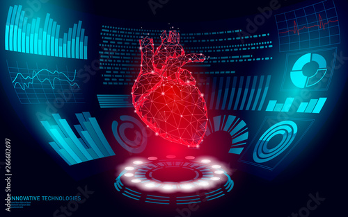 3D low poly human heart HUD display doctor online. Future technology medicine laboratory web examination. Blood system disease diagnostics futuristic UI vector illustration