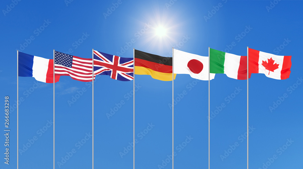 Silk waving G7 flags of countries of Group of Seven Canada, Germany, Italy, France, Japan, USA states, United Kingdom. Blue sky background. Big G7 in France 2019. 3D illustration. Silk waving G7 flags of countries of Group of Seven Canada, Germany, Italy, France, Japan, USA states, United Kingdom. Blue sky background. Big G7 in France 2019. 3D illustration.