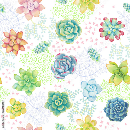 Vector seamless pattern of floral elements in a watercolor style. Succulents painted in watercolor.