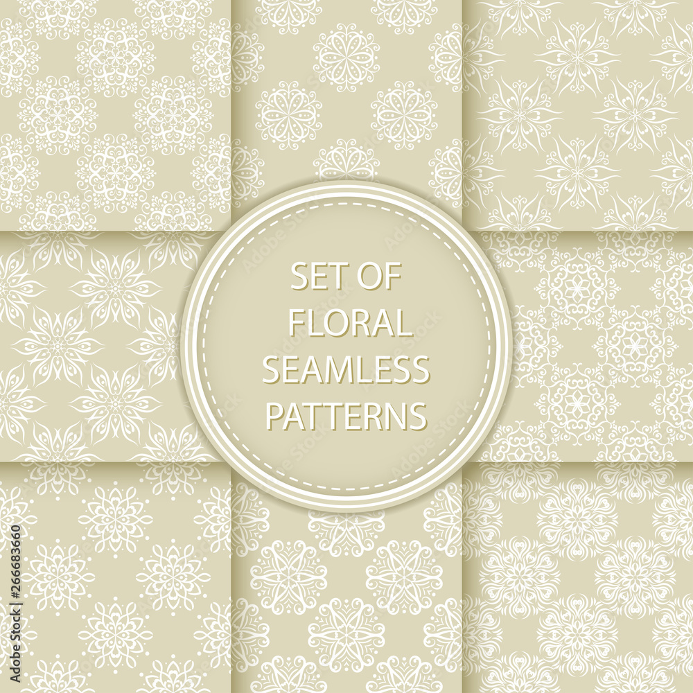 Compilation of floral patterns. White design with flowers on olive green background Compilation of floral patterns. White design with flowers on olive green background