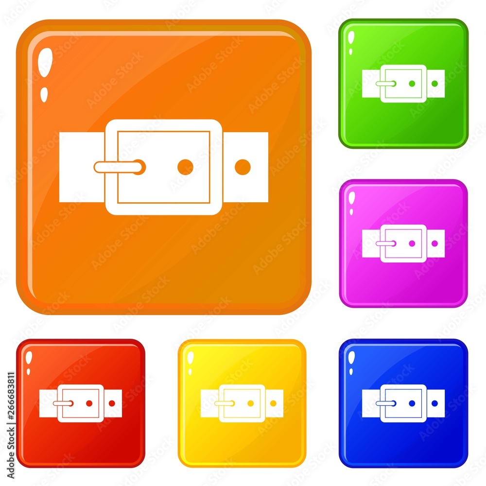 Black buckle belt icons set collection vector 6 color isolated on white background Black buckle belt icons set collection vector 6 color isolated on white background
