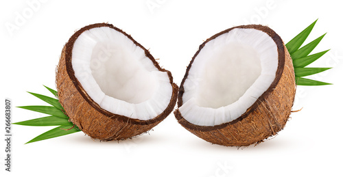 two half coconut isolated on white background clipping path