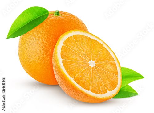 one orange with leaf and half isolated on white background