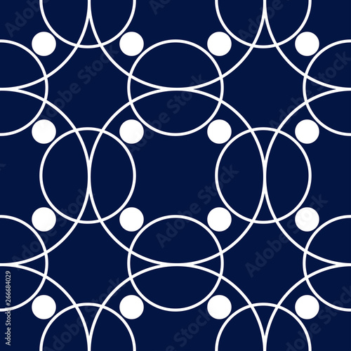Geometric seamless pattern. White round design on dark blue background