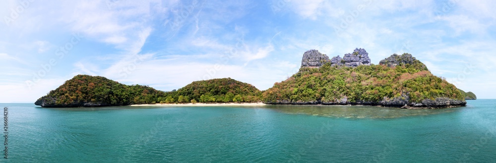 Panorama views of tropical islands and sand beach against the blue sky at Ang Thong archipelago
