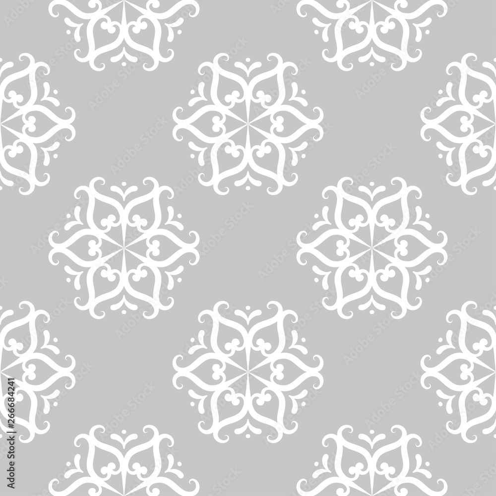  Floral seamless pattern. White flowers on gray monochrome background