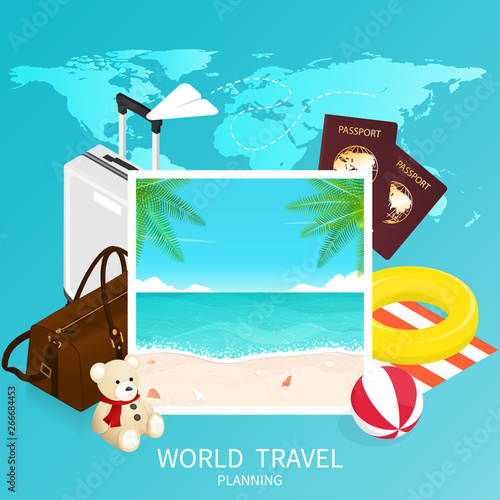 happy summer, tropical beach. vacation travel plan. vector.