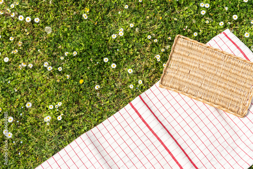 Picnic on a flowering meadow with a red and white checkered tablecloth