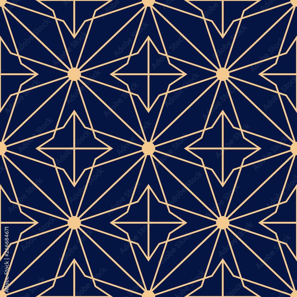  Geometric seamless design. Golden triangle pattern on dark blue background