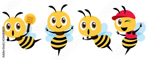 cartoon cute bee mascot set flat design. Cartoon cute bee showing victory sign, holding a honey dipper and wearing cap. Flat Vector illustration isolated