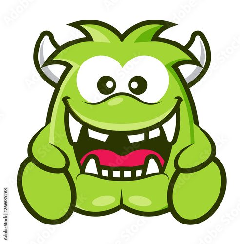 Cartoon cute green monster with horn laughing. Halloween vector illustration