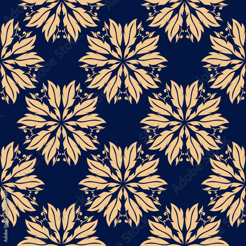  Floral seamless pattern. Golden and blue background