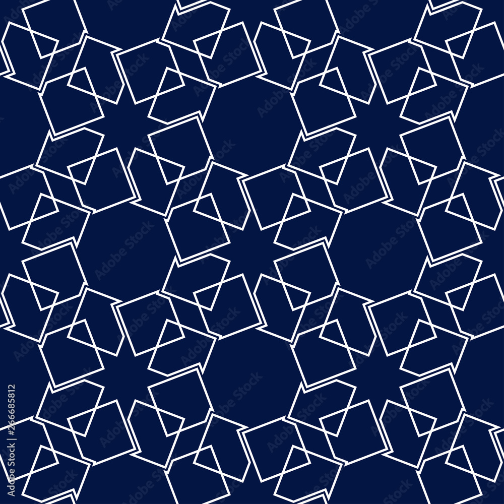 Geometric square print. White pattern on dark blue seamless background Geometric square print. White pattern on dark blue seamless background