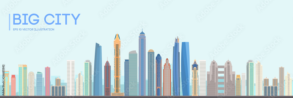 Flat vector city building design. Urban skyline cityscape. Town landscape with high skyscrapers. Vector illustration. EPS 10