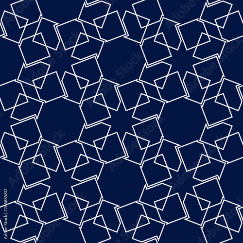 Geometric square print. White pattern on dark blue seamless background