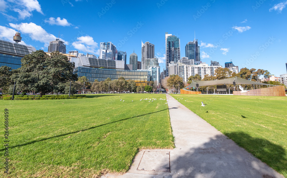 SYDNEY, AUSTRALIA - AUGUST 19, 2018: City skyscrapers from a beautiful park on a sunny day. Sydney attracts 15 million tourists annually