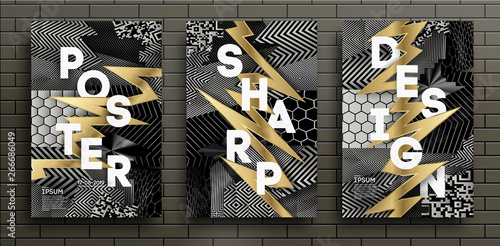 Set of Black and Gold Luxury Design Posters. Templates for Brochures, Flyers, Mobile Technologies, Applications, and Online Services, Typographic Emblems, Logo, Banners. Golden Business Card Banner