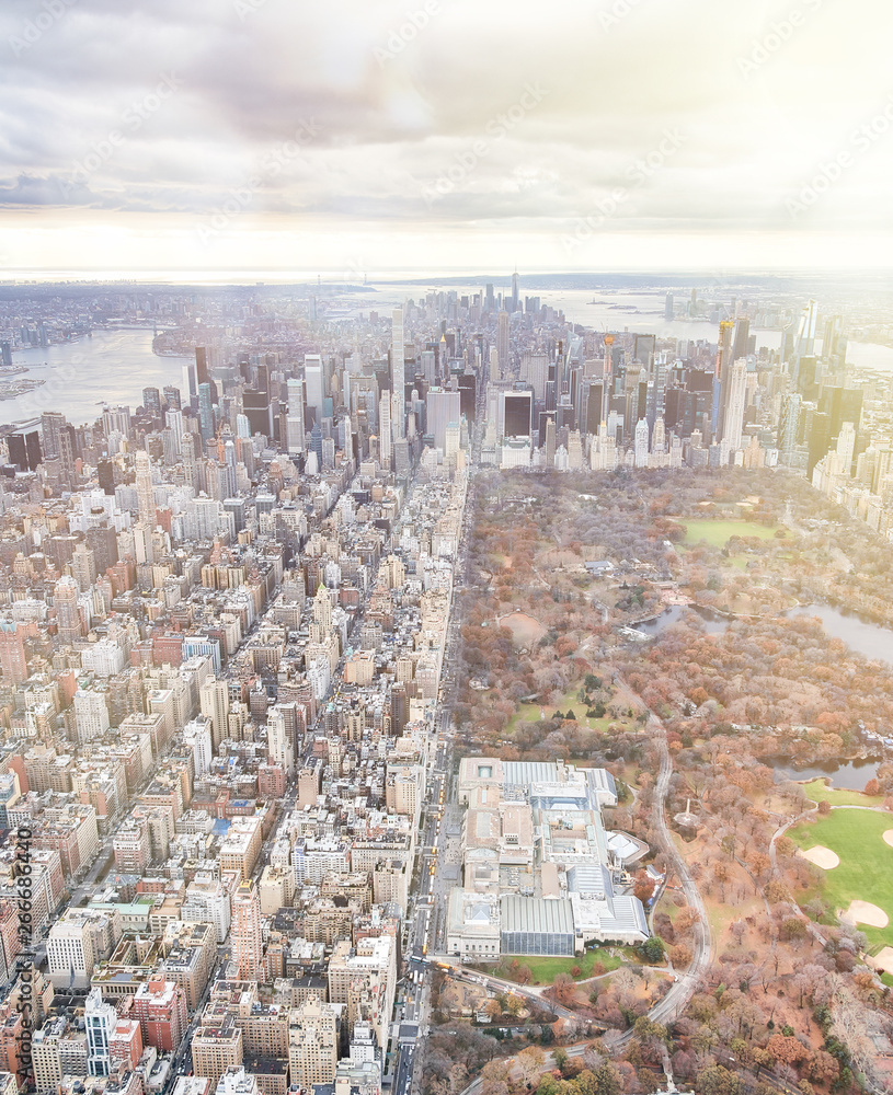 Amazing aerial view of Central Park and New York skyline on a cloudy ...