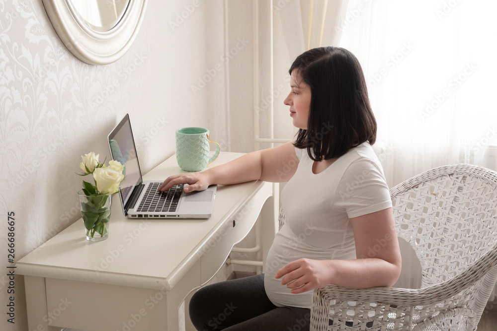 Pregnant woman in her third trimester working on her laptop from home - cosy home office Pregnant woman in her third trimester working on her laptop from home - cosy home office