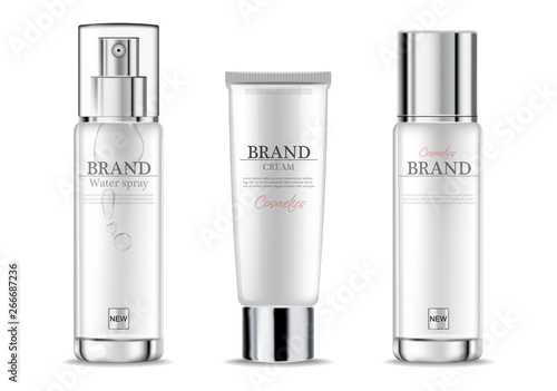 Cosmetics cream moisturizer hydration Vector realistic. Product packaging mockup. Detailed white bottles isolated. 3d template illustrations