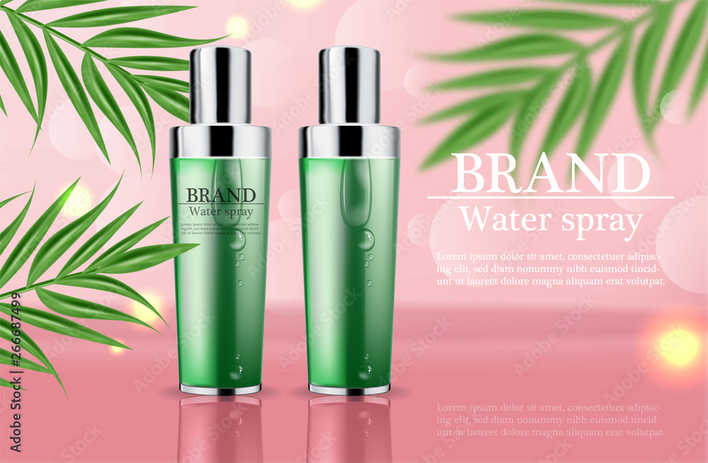 Cosmetics green cream and spray moisturizer hydration Vector realistic. Product packaging mockup. Detailed bottles with label design. Exotic palm leaves background. 3d template illustrations