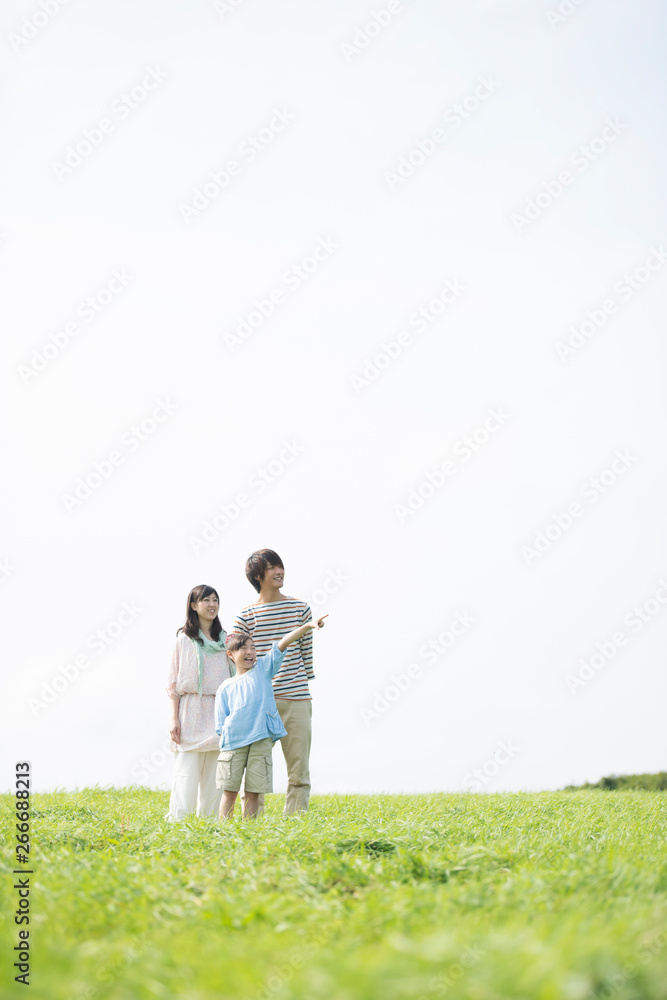 草原で遠くを眺める家族