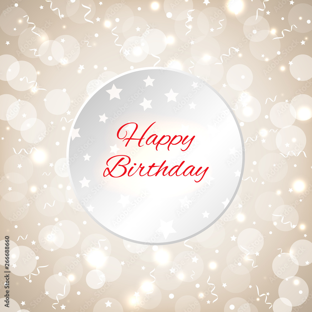 Festive party golden background with confetti, bokeh and serpentine. Happy birthday card with place for text. Soft pastel background with golden sparkles. Vector greeting card
