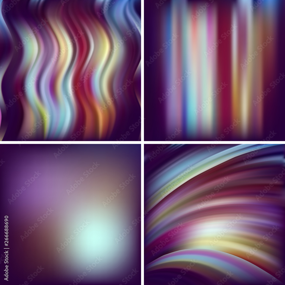 Set of four square backgrounds. Abstract vector illustration of colorful background with blurred light lines. Curved lines. Purple, brown colors.