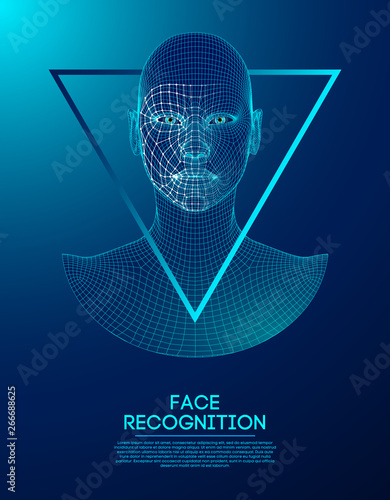 Robot blue eyes android with detailed iris and pupil. Facial recognition concept with sensor and face identity. 3D scanning.